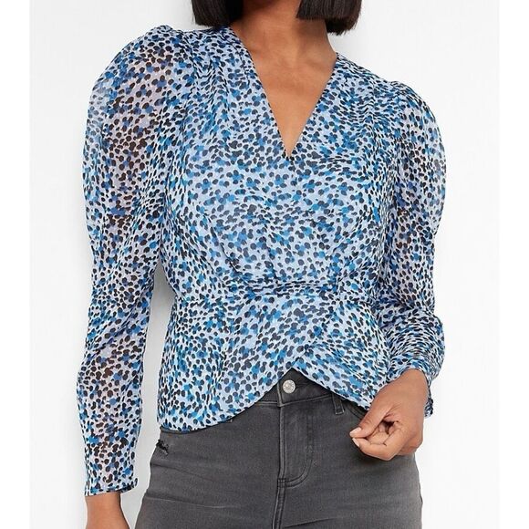 Express Blue Leopard Print Faux Wrap Peplum Top XS New - Picture 1 of 7